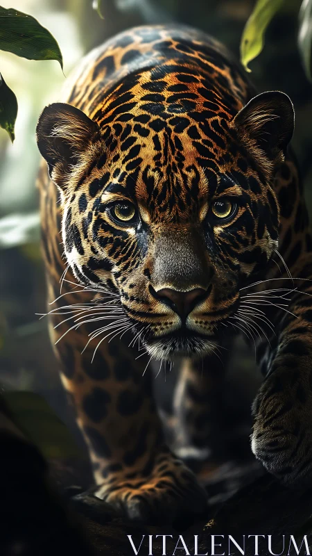 Spotted jaguar in dense foliage, frontal close view.