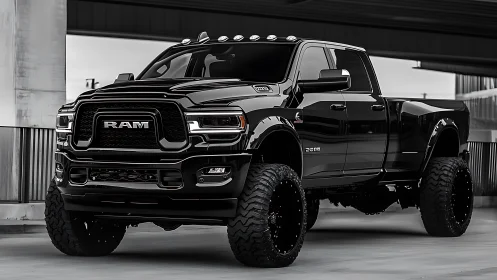 Lifted black RAM pickup truck in covered parking structure.