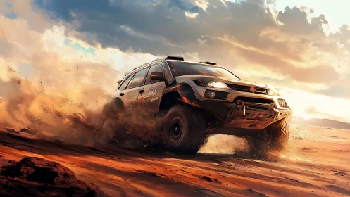 Desert rally SUV powers through dust at golden sunset.