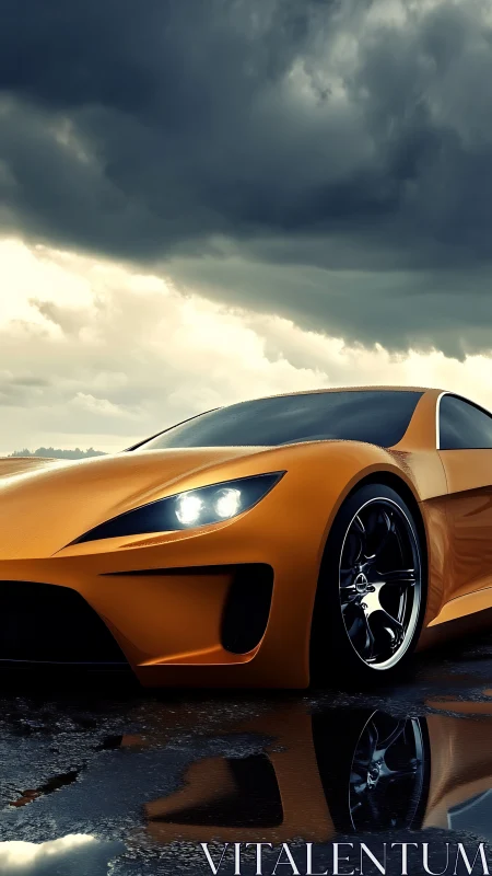 Amber stormrunner supercar poised on rain-slick asphalt.