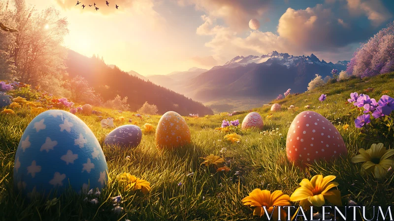 Easter eggs glow across dreamy alpine spring meadow at dawn.