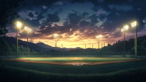 Sunset sky illuminates empty baseball field with stadium lights