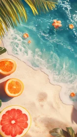 Sunny citrus shore with bright blooms and turquoise waves.