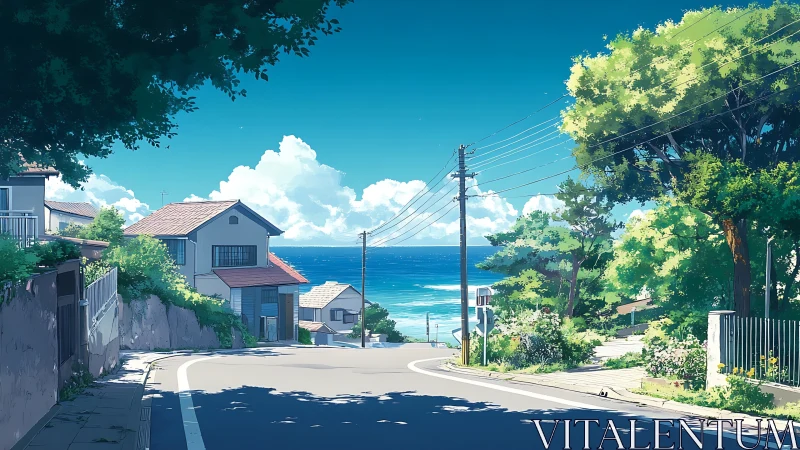 Sunlit coastal hillside street rendered in high-detail anime style