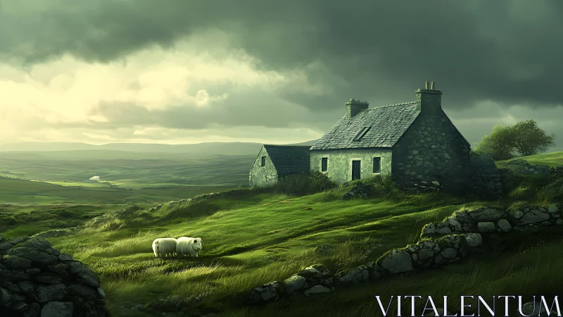 Stormlit stone cottage cradling sheep in emerald windswept hills.