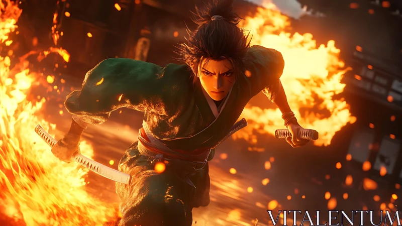 Dynamic anime swordsman charging through cinematic firestorm.