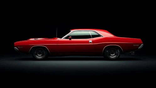Vintage red muscle car in dramatic low key studio profile.