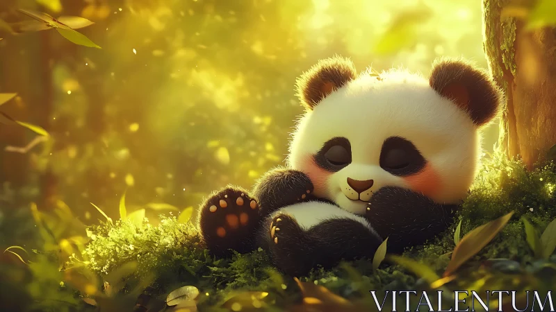 Sleepy baby panda dreams in a golden forest glow