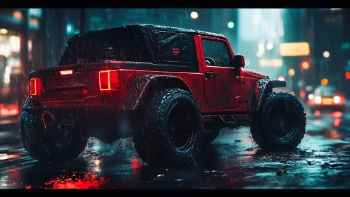 Red offroad SUV dominates neon city street in heavy rain.