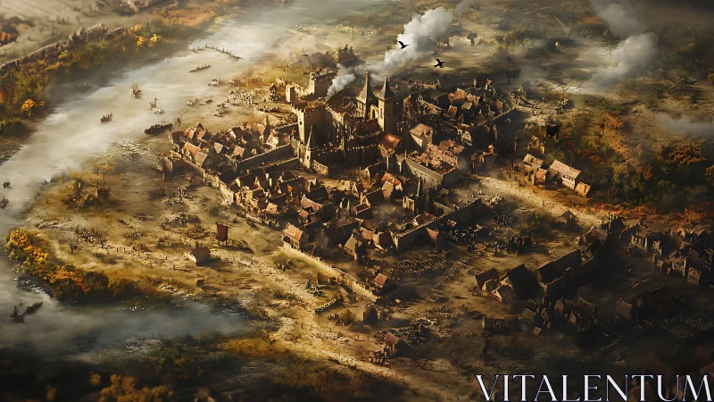 Sunlit medieval riverside city quietly hums with daily life