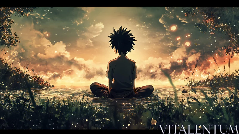 Sunset lake meditation with gentle anime dreamlight glow.