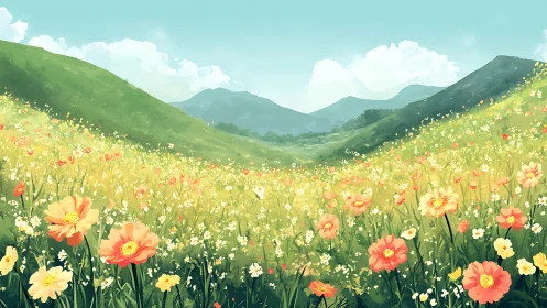Wildflower meadow stretches between rolling green hills under sky
