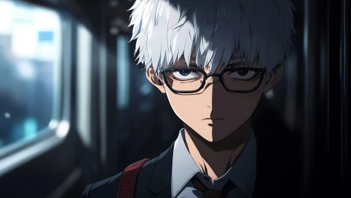 Brooding student on subway in dramatic anime chiaroscuro.