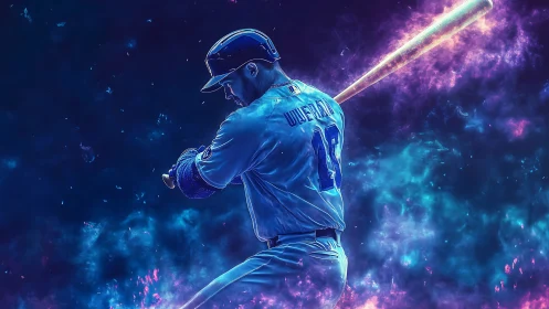 Neon-lit baseball batter swing amid cosmic vapor trails