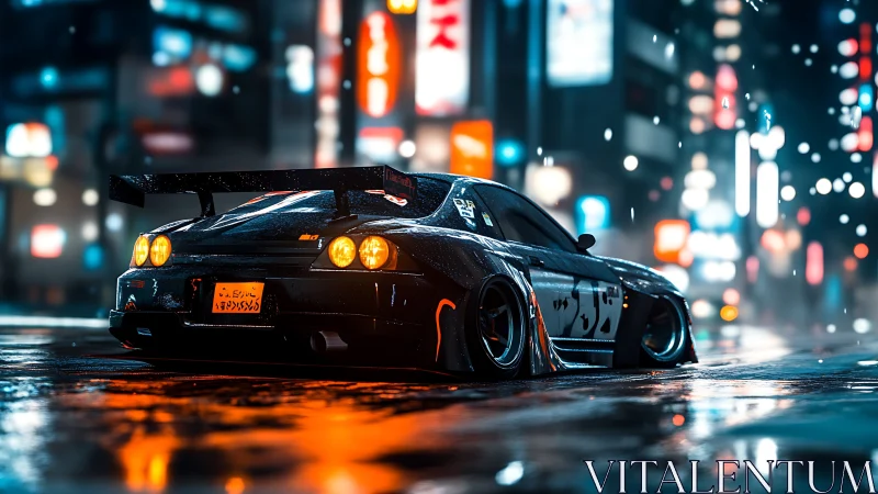 Night drift car glows beneath neon-lit cyberpunk city rain.