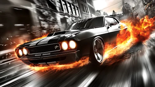 Black muscle car drifting through city streets on flaming tires