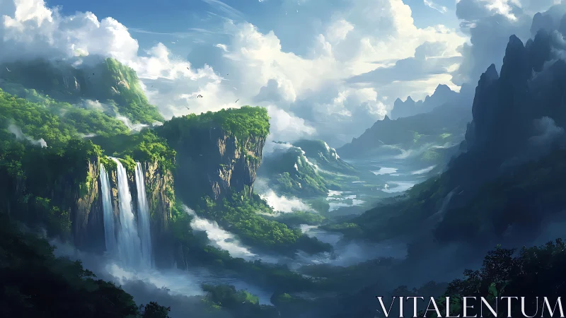 Dreamy emerald valley with misty cliffs and waterfalls.