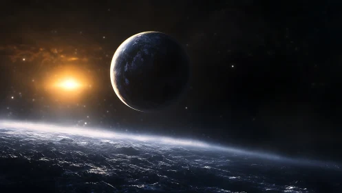 Alien ocean world drifts through cold starlit void.