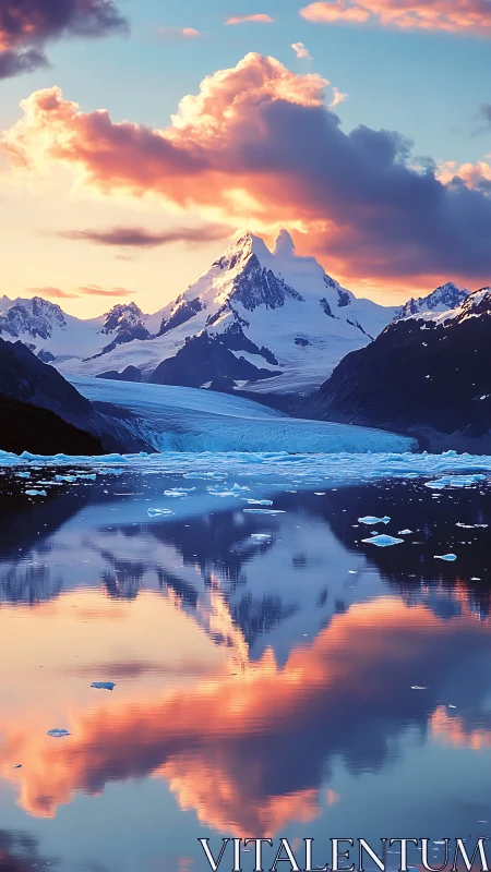 Snow covered mountain and glacier reflected in calm water