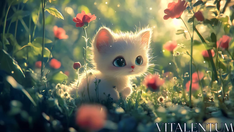 Tiny White Kitten in a Garden of Glowing Roses.
