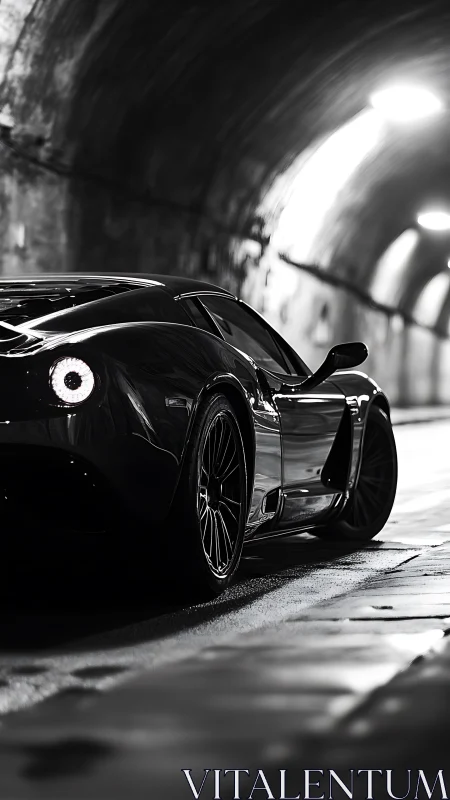 Black supercar parked in dimly lit tunnel at night.