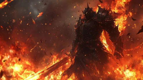 Blazing warlord strides through molten twilight stormfire.