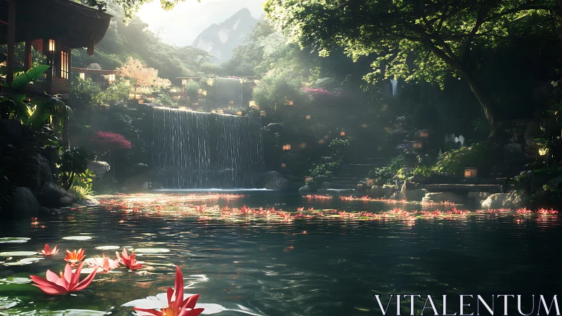 Tranquil lantern lit waterfall garden with lily pond view.