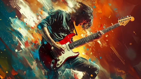 Kinetic electric guitarist amid chromatic fluid dynamics burst.