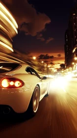 Midnight white supercar streaks through neon city blaze.