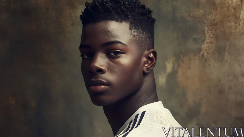 Portrait of young male subject in neutral studio setting.