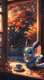 Cartoon creature sits by autumn window with cup of tea