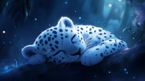 Snow Leopard Sleeping. Ethereal Blue Fantasy.