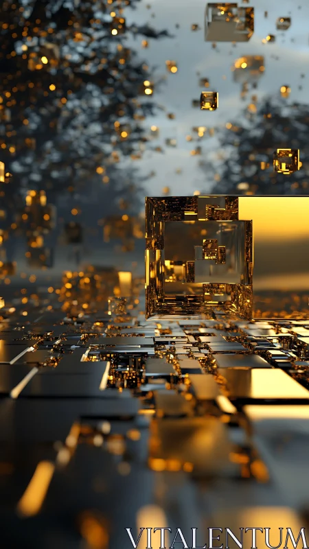 Golden geometric cubes in reflective abstract environment.