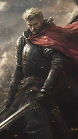 Battle-worn knight stands in dark armor with red cloak.