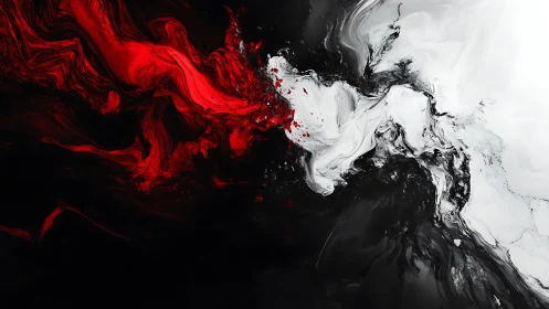 Triadic fluid dynamics with red, black and white pigment flows.