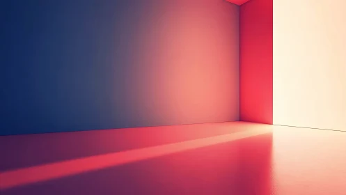 Minimalist gradient room with luminous doorway glow.