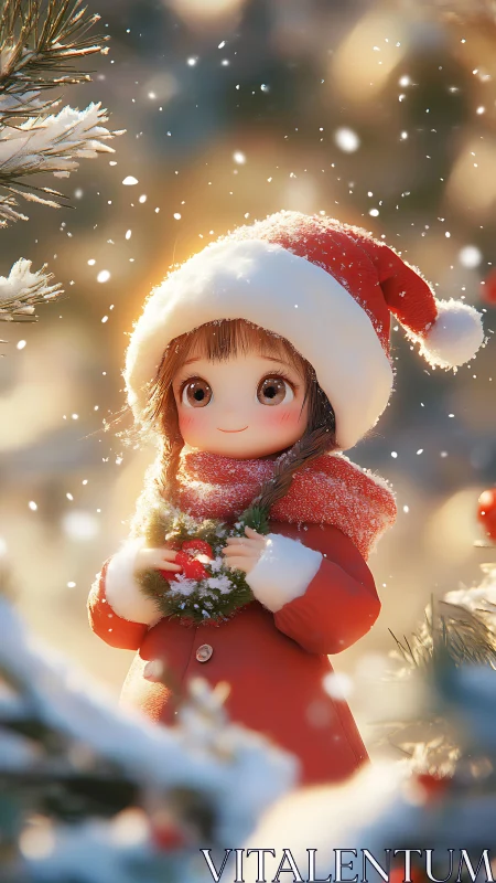 Snowlit child in Santa coat holding festive winter wreath.