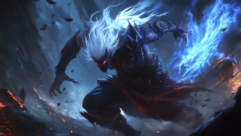 Shadow warrior lunges through firestorm with blazing blade.