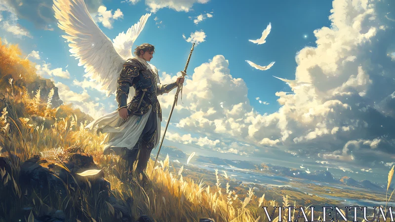 Winged guardian pauses on a sunlit ridge between worlds