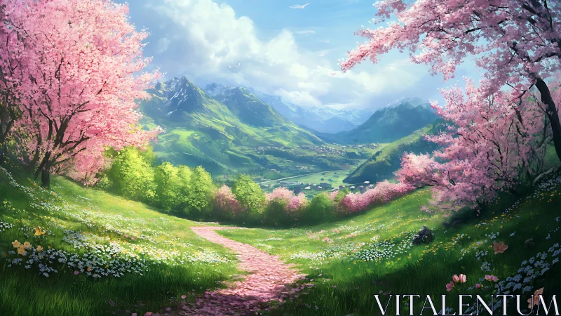 Spring valley pathway under cherry blossoms and peaks.