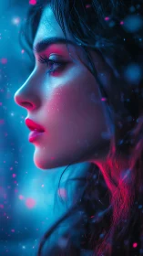 Neon bokeh side-profile portrait in cyan magenta palette