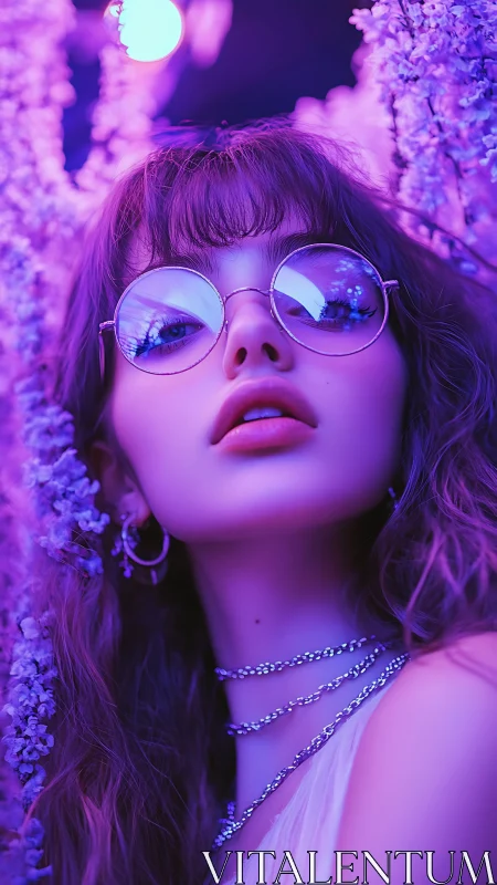 Lavender neon drapes a dreamy gaze behind mirrored glasses