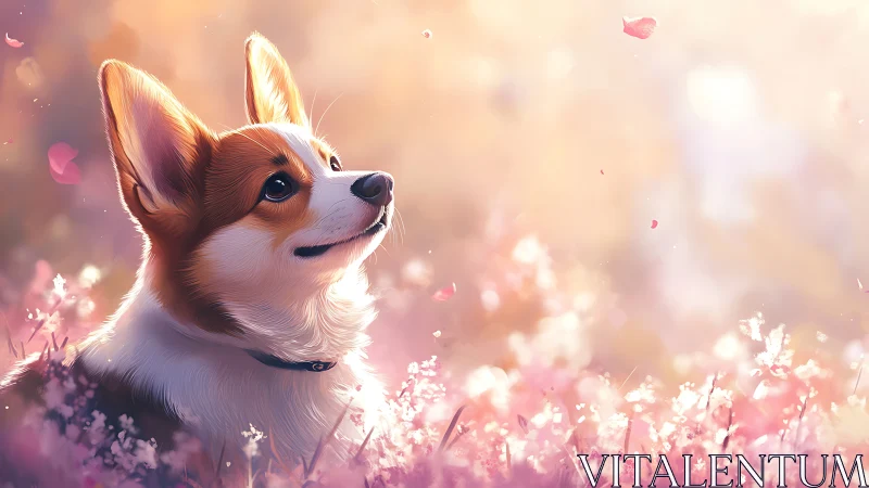 Welsh corgi portrait in luminous pink spring meadow.
