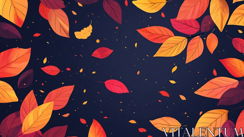 Autumn leaves swirl across deep navy seasonal background.