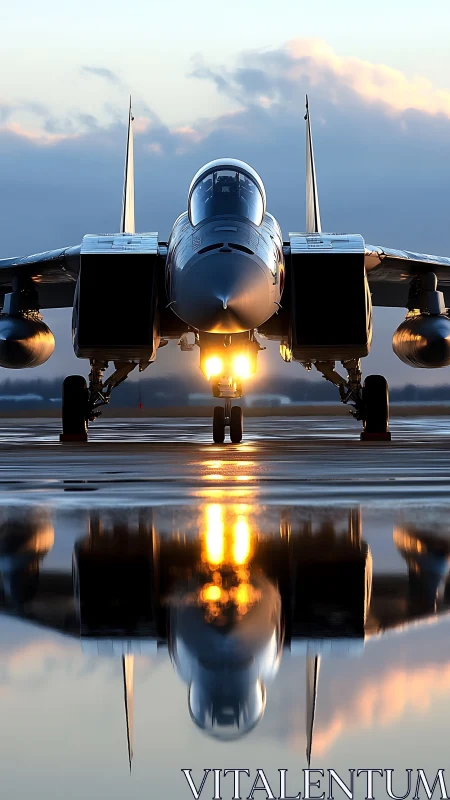 Twin‑engine fighter jet aligned on wet runway with axial reflection