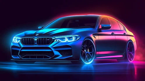 Neon-lit performance sedan rendered in vivid gradient glow.