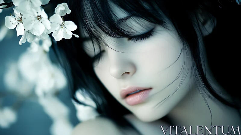 Serene stylized portrait with blossoms and closed eyes.