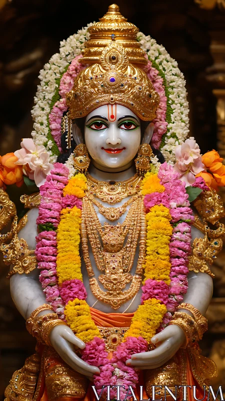 Radiant Hindu deity statue draped in gold and flowers.