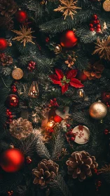 Festive pine boughs with glowing ornaments and berries.