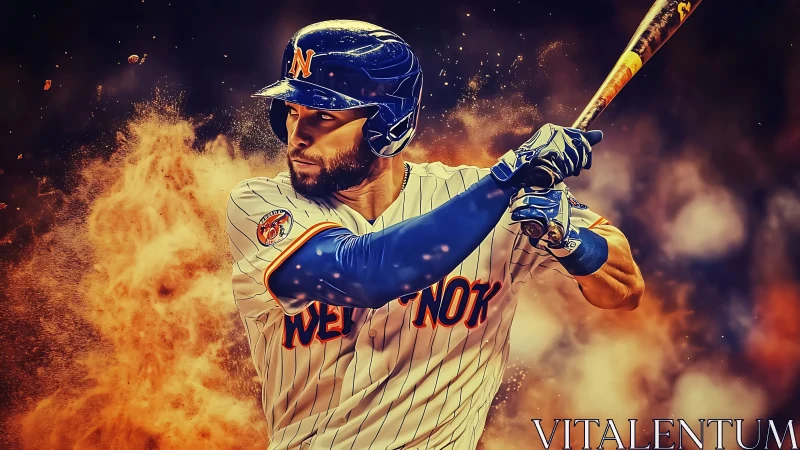 Baseball hitter in mid swing against fiery background.